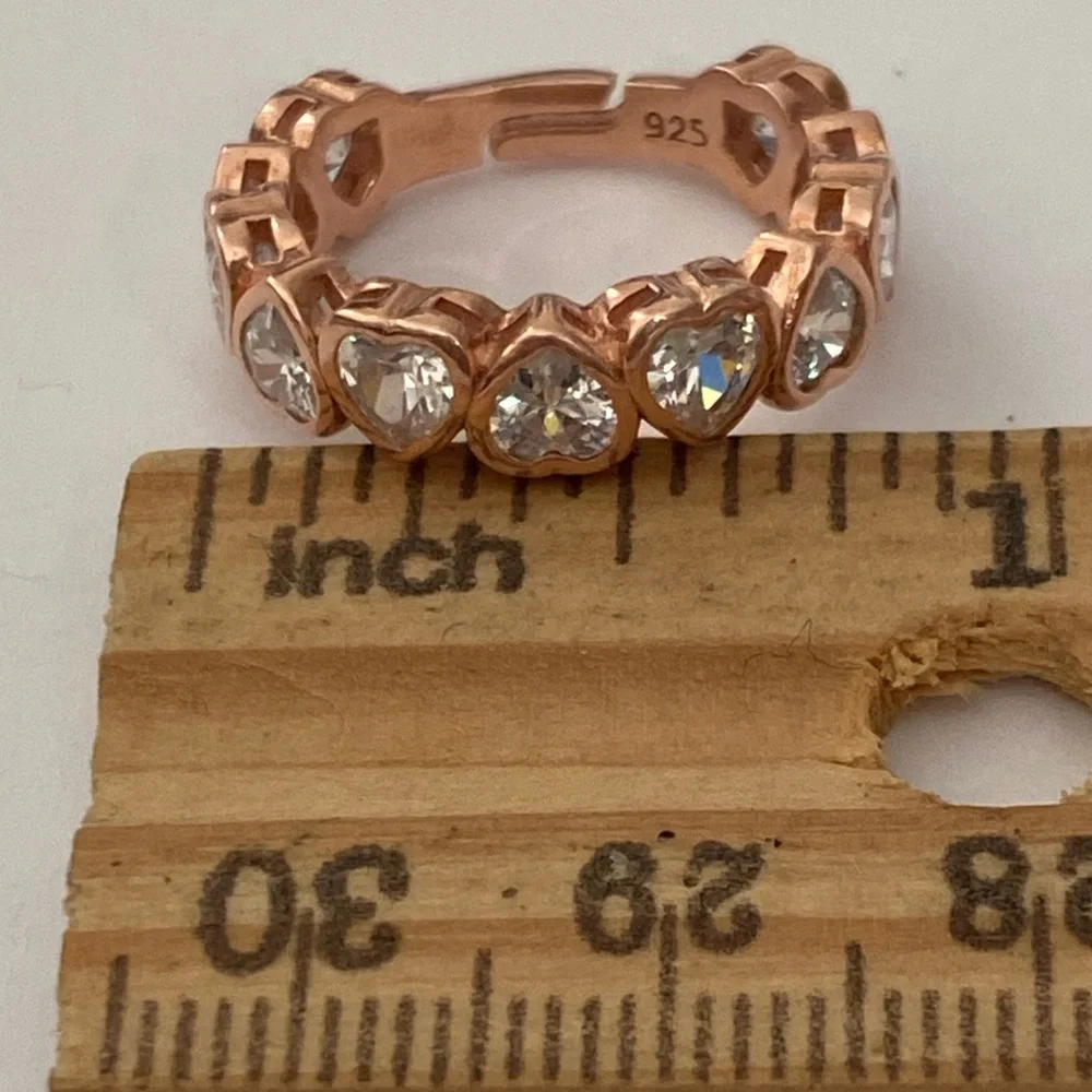 925 silver heart ring 5.5 band size adjustable cz stones 14k rose gold plated